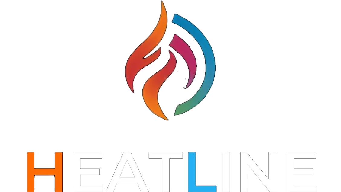Heatline logo: stylized multicolored flame emblem (orange, red, pink, teal, and green) above the bold word HEATLINE.